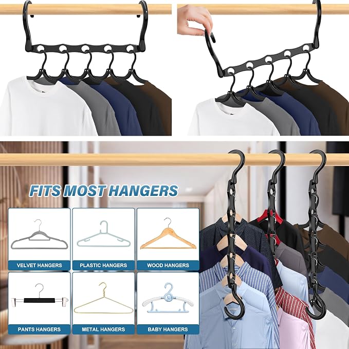 24 Pack Hangers Space Saving Magic Plastic Hanger Organizer Dark Black | Shirt Space Saving Hangers, Multi Clothes Hangers Space Saver for Closet Organizers Storage College Dorm Room Essentials