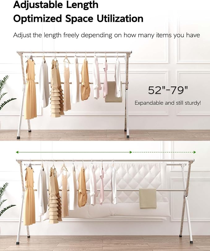 Vikaqi Clothes Drying Rack 79" Folding Indoor Outdoor, Drying Rack Clothing | Collapsible, Foldable Laundry Drying Rack, Heavy Duty Stainless Steel Clothesline, Garmet Rack, 20 Hooks 12 Clips