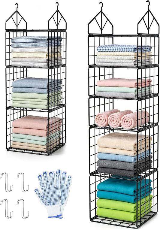 2 Pack Hanging Closet Organizer and Storage, 5 Tier & 3 Tier Metal Wire Closet Shelves with 8 S Hooks, Hanging Storage Shelf for Clothes Shoes Sweaters Handbags Laundry