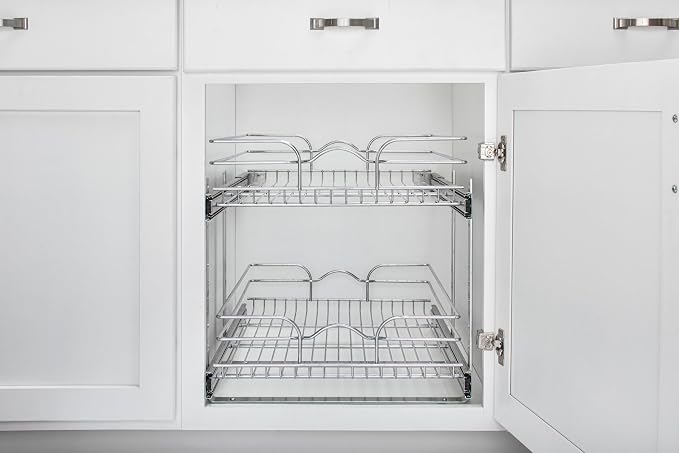 Rev-A-Shelf Pullout Organizer for Cabinets, Min Opening Width of 18" | STwo-Tier Steel Shelf for Kitchen or Vanity Cabinet Organization, Heavy Gauge Wire Slide Out Storage Basket, 5WB2-1822CR-1