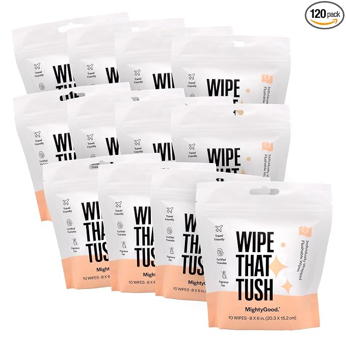 Wipe That Tush On-The-Go Flushable Wipes Bulk Pack - 12 Packs of 10 Individually Wrapped Travel Wipes, 120 Total - Fragrance Free - Hypoallergenic With Aloe & Vitamin E - Septic Safe