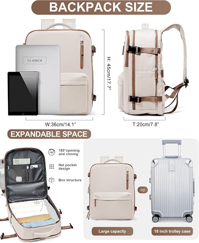 Travel Backpack Women,Carry On Backpack Flight Approved 18x14x8 inches Bag Spirit Airlines Personal ltem,College Sports Hiking Rucksack Waterproof Casual Daypack Laptop Blackpack Men,BeigeBrown