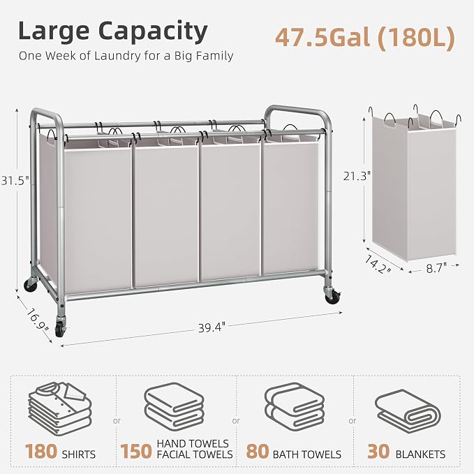 STORAGE MANIAC Laundry Sorter 4 Section, 47.5 Gal (180 L) Laundry Hamper with Wheels, Clothes Divider Basket Sorter, Separator Hamper Cart with Removable Bags, Gray
