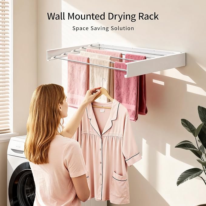 31.5 Inch Wall Mounted Clothes Drying Rack, Foldable Laundry Rack | Space Saving Wall Mounted Drying Rack with 5 Aluminum Rods, 40 lbs Capacity, Foldable Design for Laundry Room, Bathroom