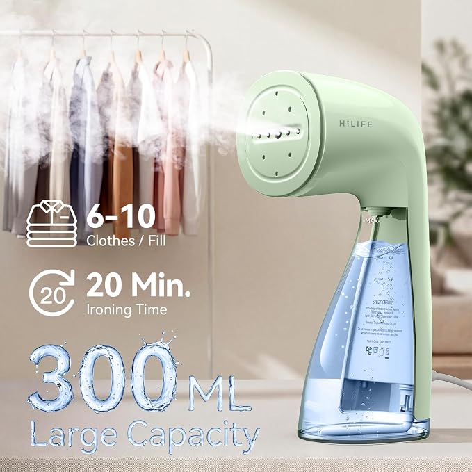 HiLIFE Steamer for Clothes, Portable Handheld Design, 240ml Big Capacity, 700W, Strong Penetrating Steam, Removes Wrinkle, for Home, Office and Travel(ONLY FOR 120V) (Sage Green)