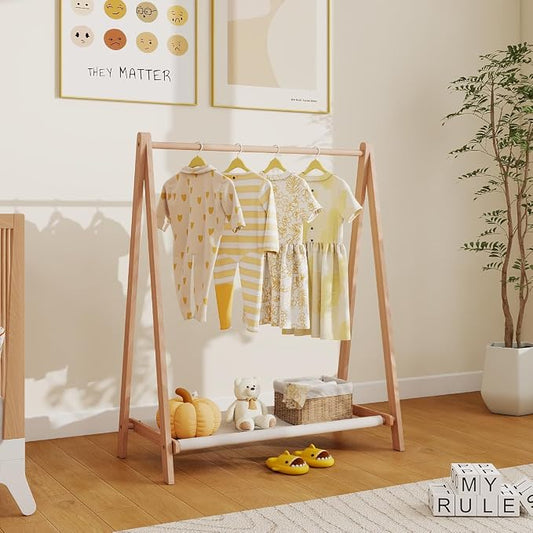 Kids Clothes Rack,Foldable Solid Wood Small Baby Clothes Rack with Bottom Storage Shelf,for Laundry Drying,Mini,Floor Standing,Portable(39.4" L)