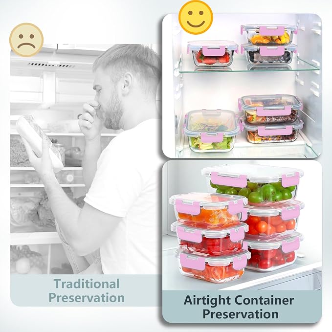 12 Pack Glass Food Storage Container Set with Lids Non Toxic, Stackable Borosilicate Glass Meal Prep Containers, Microwave, Oven, Freezer and Dishwasher Safe (Pink-12)