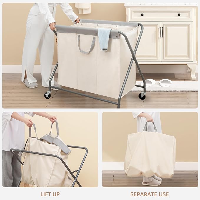 STORAGE MANIAC 160L Collapsible Laundry Hamper with Wheels, Rolling Laundry Basket, Heavy Duty Cloth Sorter with Removable Bag, Folding X Frame Clothes Organizer Cart for Easy to Store, 3 Section