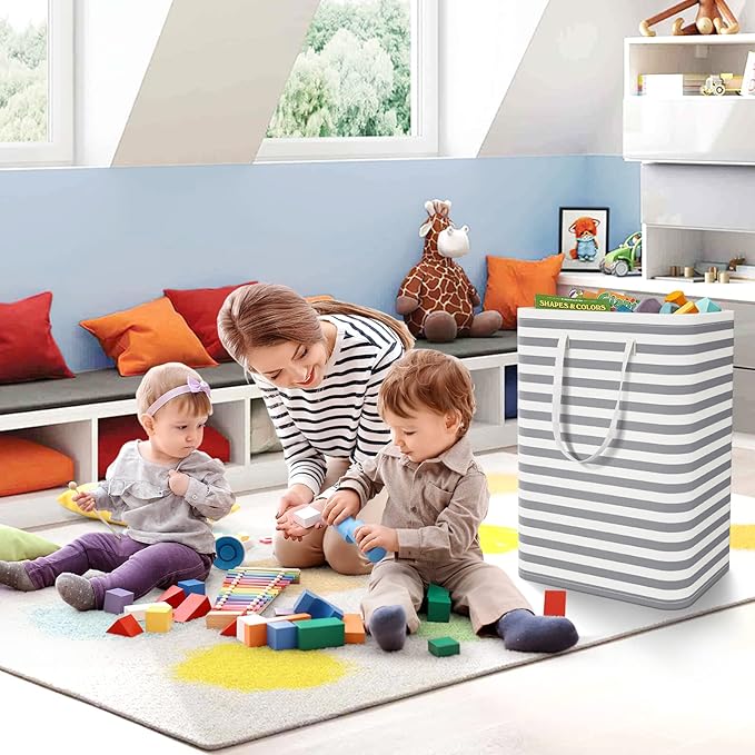StorageRight Laundry Basket Hamper, 75L Clothes Storage, Striped Grey | Freestanding Clothes Hampers, Foldable design, with Easy Carry Handles, For Laundry, Bedroom, Dorm, Clothing, Towels, Toys