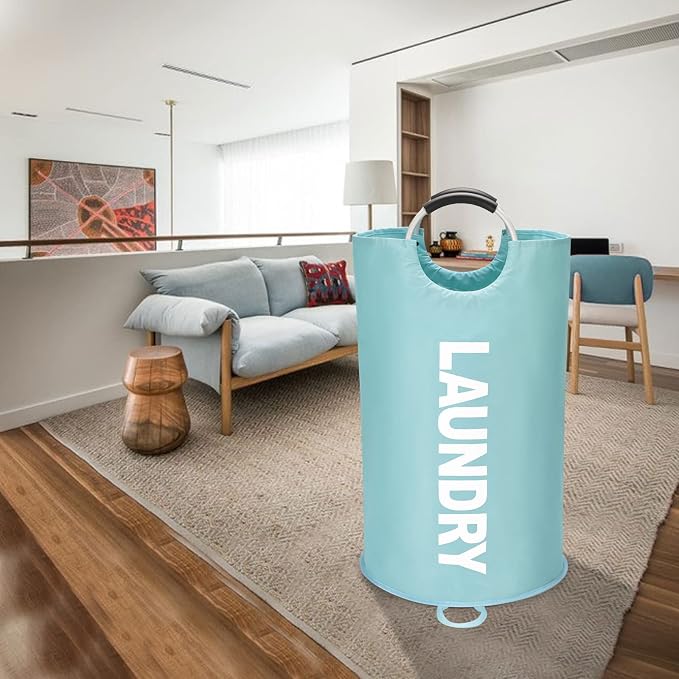 Maxsilan 125L X-Large Laundry Basket Bag, Collapsible Hamper, Light Blue | Freestanding tall laundry bag & foldable washing basket. Large capacity clothes storage bin with durable sturdy handles