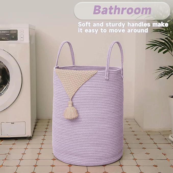 JMvicyroam Large Woven Laundry Basket Hamper,80L Cotton Rope Storage Bin for Blankets,Toys and Clothes,Decorative Tall Nursery Hamper for Living Room,Baby Nursery,Bathroom and Bedroom,Purple