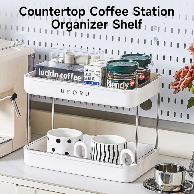 UFORU Countertop Coffee Station Organizer,Cup Rack,Mug & Wine Glass Holder | 2-Tier White Mug Shelf With Removable Drain Tray,Bathroom Countertop Organizer,Spice Rack for Kitchen
