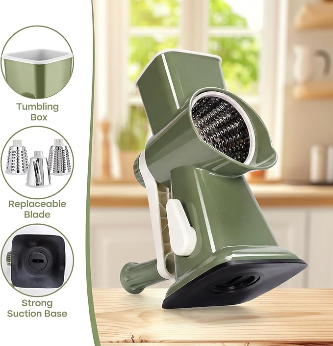 Rotary Cheese Grater,Cheese Shredder Hand Crank, Manual Cheese Grater for Veggies, 3-Blade Grater, Home Kitchen Appliances and Kitchen Gadgets (Green)