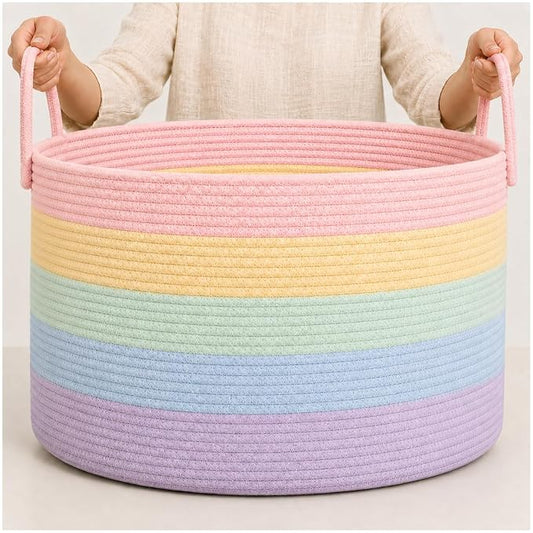 OrganiHaus Rainbow Toy Basket & Blanket Storage Bin, Nursery 20x13" | Rainbow Pastel - Round Rainbow Cotton Rope Basket, Nursery 20x13"