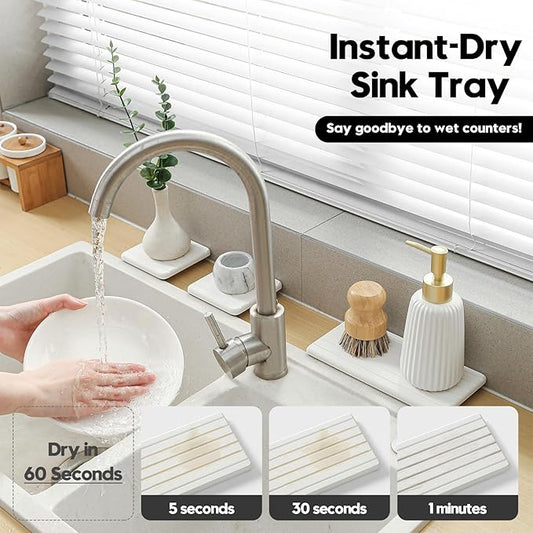 Fast Water Absorption Sink Organizer Tray Set, 3-Pack Compact and Space-Saving Stone Soap Holder Caddy for Kitchen & Bathroom Counter, Faucet Splash Guard, White (1pc of 8"x3.8" + 2pcs of 3.8"x3.8")