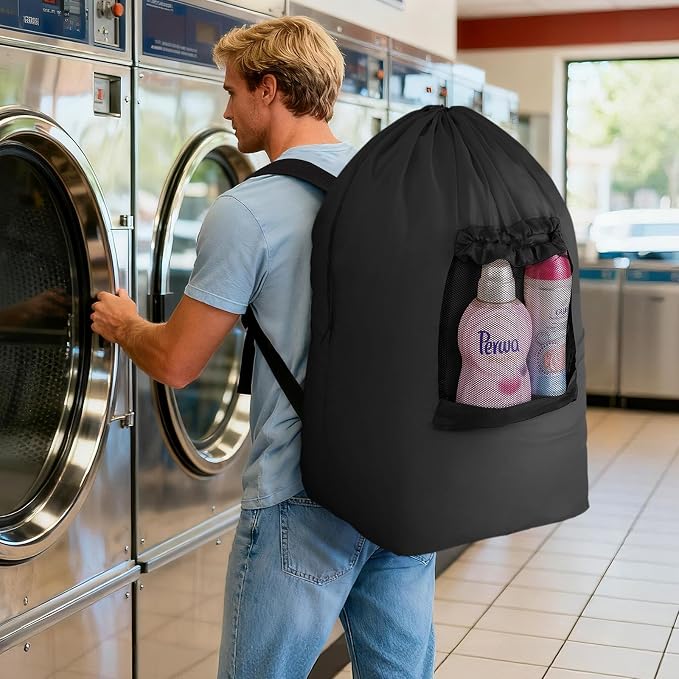 Lifewit Laundry Bag Backpack Travel, 105L, Black | Extra Large Bag with Shoulder Straps and Mesh Pocket for Laundromat, Heavy Duty Basket for Dirty Cloth College Dorm Apartment