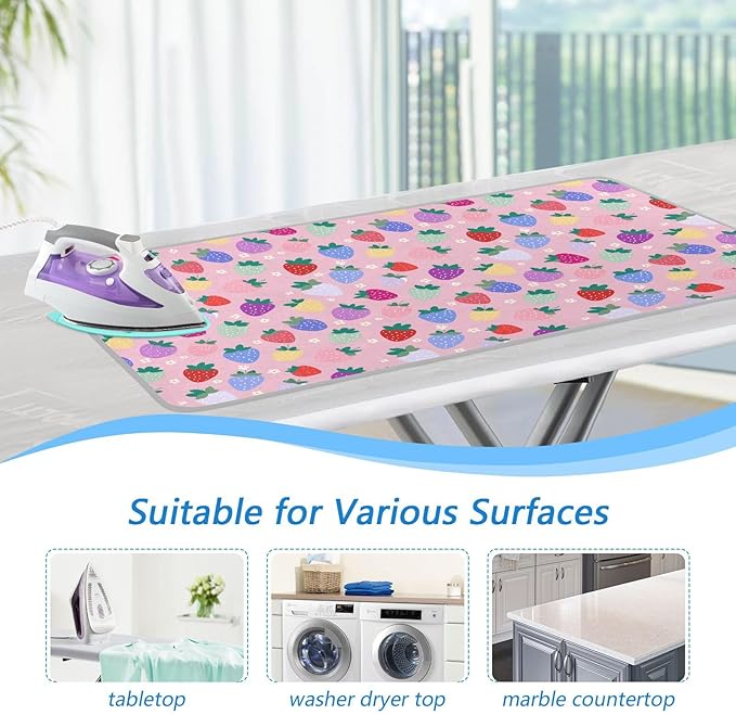 Ironing Mat Portable Ironing Pad Blanket with Silicone Iron Rest for Table Top Travel Heat Resistant Double-Side Using Large 47x28 Inch Foldable Summer Strawberries Daisy