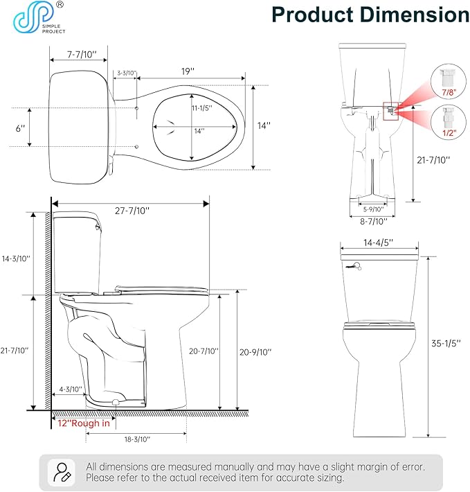 Simple Project 21" Elongated Extra Tall Toilets, Standard 12" Rough in Bathroom Toilet & Powerful Single Flush 1.28gpf High Toilet With Comfortable Soft Closing Seat, Ideal for Seniors, Handicap, Tall