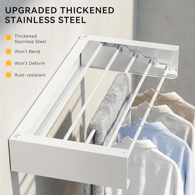 Clothes Drying Rack Wall Mounted - 40" Large Stainless Steel Laundry Drying Rack Collapsible, 60LBS Heavy Duty Retractable Hanger, 5-Rod Tiered Foldable Rack for Indoor