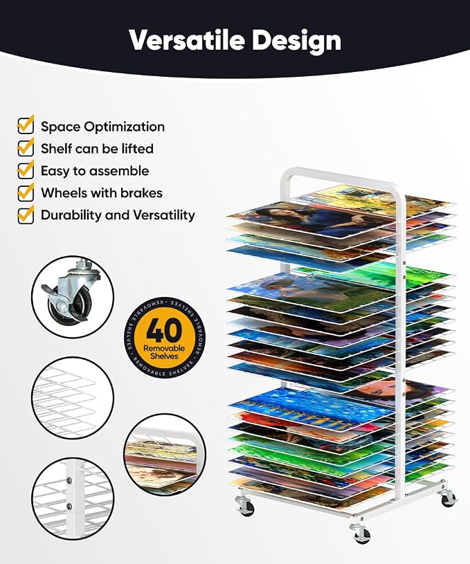 mocomax Art Drying Rack for Painting, Metal Paint Drying Stand, Movable Paint Drying Rack with Lockable Wheels, Art Canvas Storage Rack for Classrooms & Art Studios, 40 Removable Shelves, White