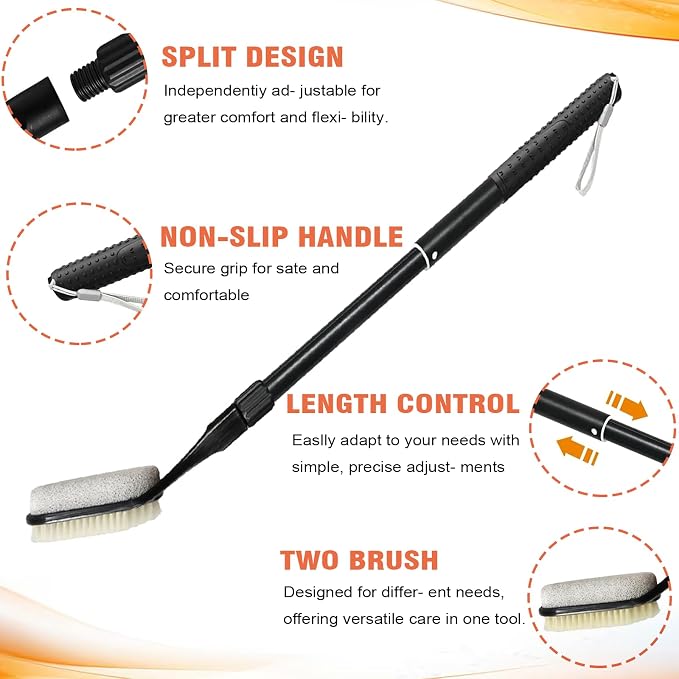 Foot Pumice Stone for Feet, Foot Pumice Stone Scrubber Shower Feet Dead Skin Remover with Long Handle Adjustable 17”-25”, Foot Cleaning Brush for Seniors, Pregnant, Disabled, Men and Women