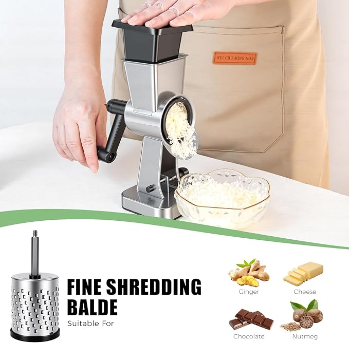LHS Rotary Cheese Grater Stainless Steel Manual Cheese Shredder Grater Walnuts Grinder with 3 Interchangeable Drum Blades for Chocolate, Cheese and Nuts