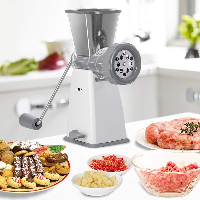 LHS Manual Meat Grinder with Stainless Steel Blades Heavy Duty Powerful Suction Base for Home Use Fast and Effortless for All Meats-Gray