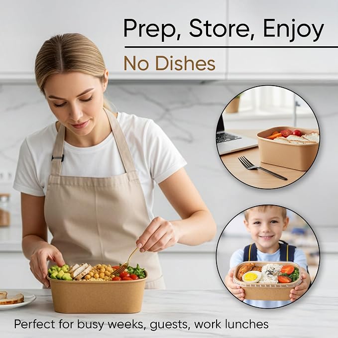 Leafiew 50 Pack 29Oz Disposable Meal Prep Containers With Lids - Microwave and Freezer Safe Kraft Paper Bowls with Lids and Forks - Disposable Food Containers - To Go Bowls for Food Prep and Salad