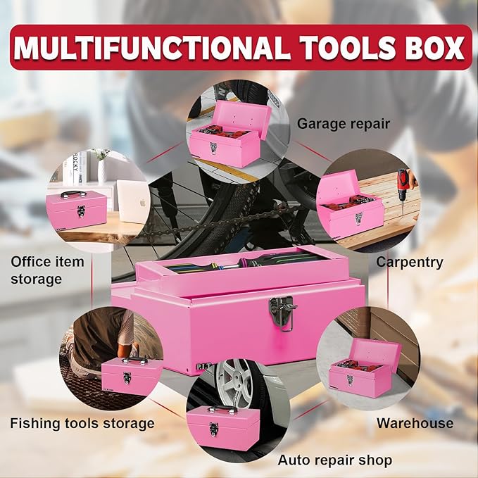 P.I.T. 12 Inch Tool Box,Portable Small Steel ToolBox with Metal Latch Closure for Household, Warehouse,Tools Storage,Pink