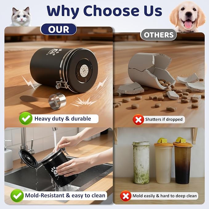 ENONCI Dog Treat Container Airtight,5.9"x4.7" Stainless Steel Cat Treat Jar for Kitchen Counter with Scoop, Pet Storage for Fresh Dog Cookie
