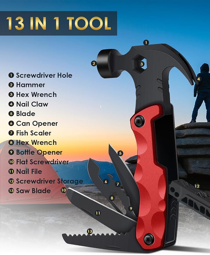 Gifts for Men Christmas Stocking Stuffers for Him Hammer Multi Tool 13 in 1 | Men Gifts Holiday Presents Hammer Multitool White Elephant Secret Santa Dad Husband Camping Accessories Survival Tool Kit