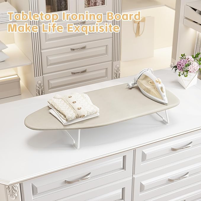 Small Ironing Board Tabletop with Heat Resistant Cover, Compact Mini Ironing Board with Metal mesh Frame,for dorm,apartment and Travel, Hook for Hanging, Iron Board 12x30, Iron Table Stand Cream White
