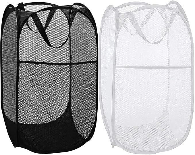 BATTOO Deluxe Strong Mesh Pop up Laundry Hamper Basket with Side Pocket for Laundry Room, Bathroom, Kids Room, College Dorm or Travel Black+White