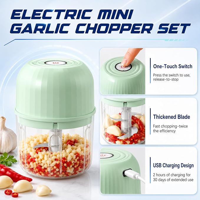 Electric Garlic Chopper, Mini Rechargeable Electric Garlic Chopper, Wireless Portable Food Processor for Ginger Chili Onion Vegetables Meat (Light green)
