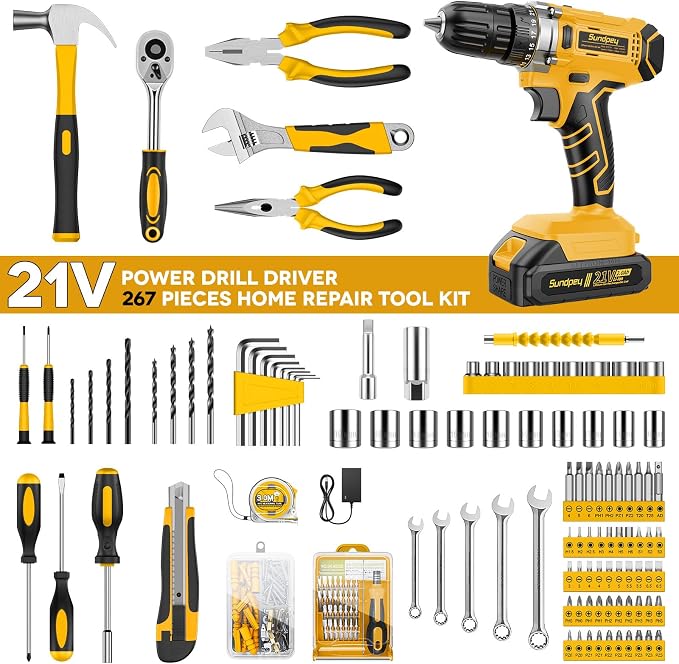 Sundpey 267 Pcs Tool Kit Set for Home with 21V Cordless Drill & Drawer Case | Portable Complete Tool Box, with 2 Batteries & Charger & Mechanic Set,for Men Women,for Household House Garage Apartment Dorm