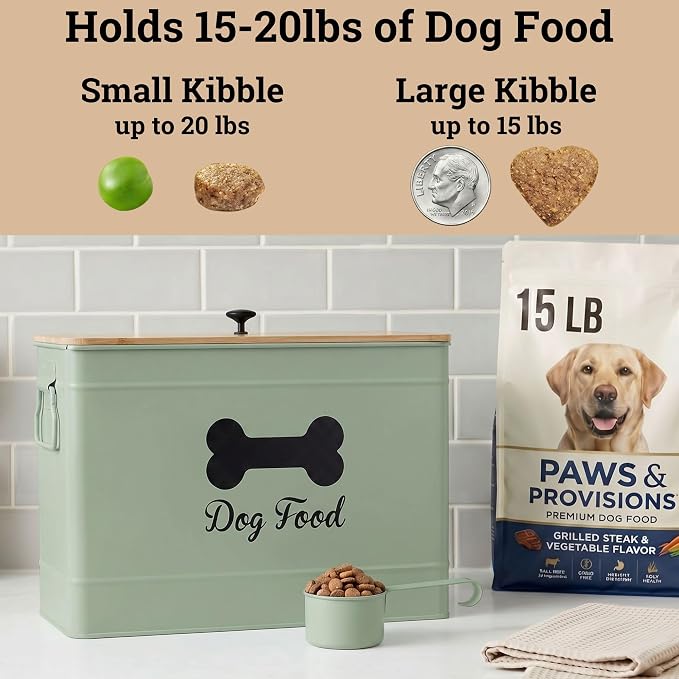 Dog Food Container Airtight Bamboo Lid 15-20 lb Sturdy Metal Handle 70 Cups | Pet Jar For Dogs up to 100lbs, Airtight Bamboo Lid, Sturdy Comfortable Metal Handle, Powder Coated Iron, Kibble Storage Bin