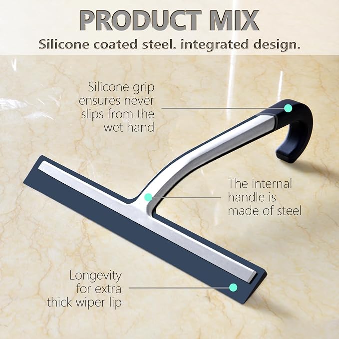 Shower Squeegee for Glass Doors – 10" Silicone Squeegee with Built-in Hook, One-Piece Seamless Design, Streak-Free & No-Scratch Window Cleaner for Bathroom, Mirrors & Tiles (Black)