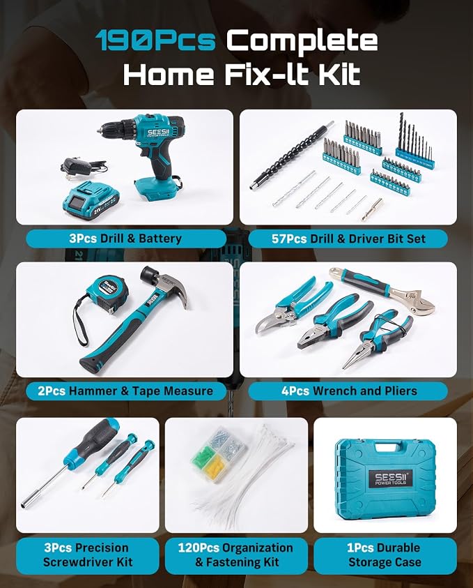 Seesii 21V Power Drill Set, 190Pcs Tool Kit with Toolbox for Home DIY | 40Nm Torque, 2.0Ah Battery, 25+1 2-Speed Clutch, CR-V Hand Tools, Flexible Shaft, LED, for Home Repair & Furniture Assembly