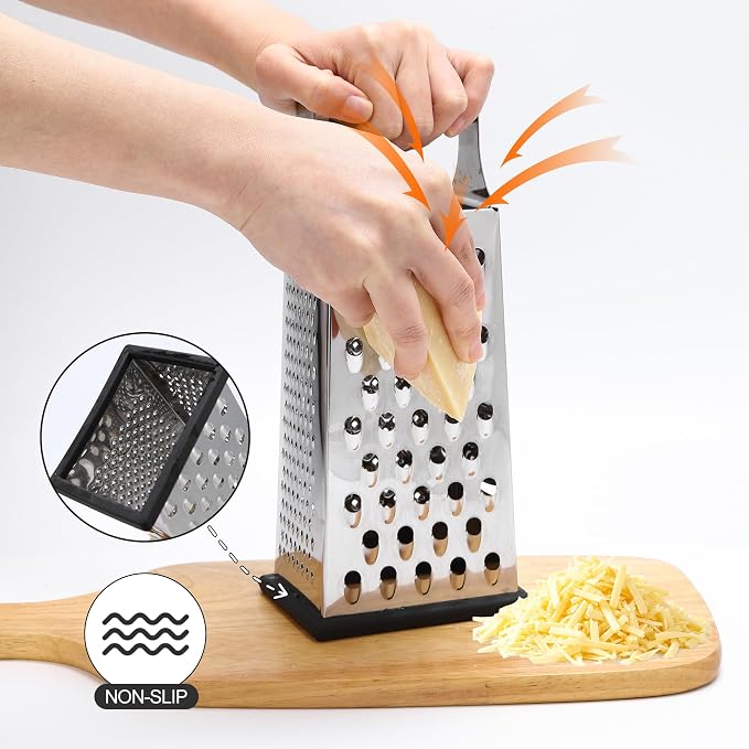 Supercenter Cheese Grater, Size 4-Sided Stainless Steel Box Grater, Food Shredder for Cheese, Parmesan, Vegetable, Dishwasher Safe, Black