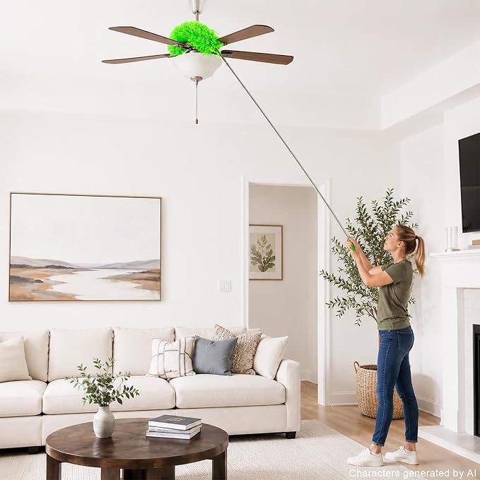 AZUN Microfiber Duster for Ceiling Fans, 30-100 in Telescoping Pole, Green | Microfiber traps dust. Long duster for high ceilings. Cleans ceiling fans, blinds and cobwebs. Washable and reusable.