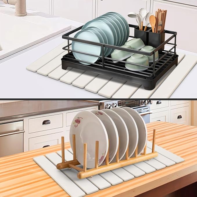 Large Stone Dish Drying Mat for Kitchen Counter, 24"(L)×16"(W), Collapsible Quick Drying Dish Mats, Ultra Absorbent Diatomaceous Earth Mats for Dishes Bottles Cups, Match Any Countertop