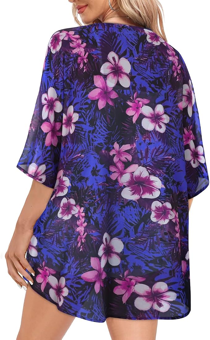 Women Kimono Cardigans Summer Cover Up Hawaiian Shirts Floral Print Tops | ROSEMIA chiffon kimono open front cardigans, beach cover ups, daily casual tops, cruise outfits, summer resort wear