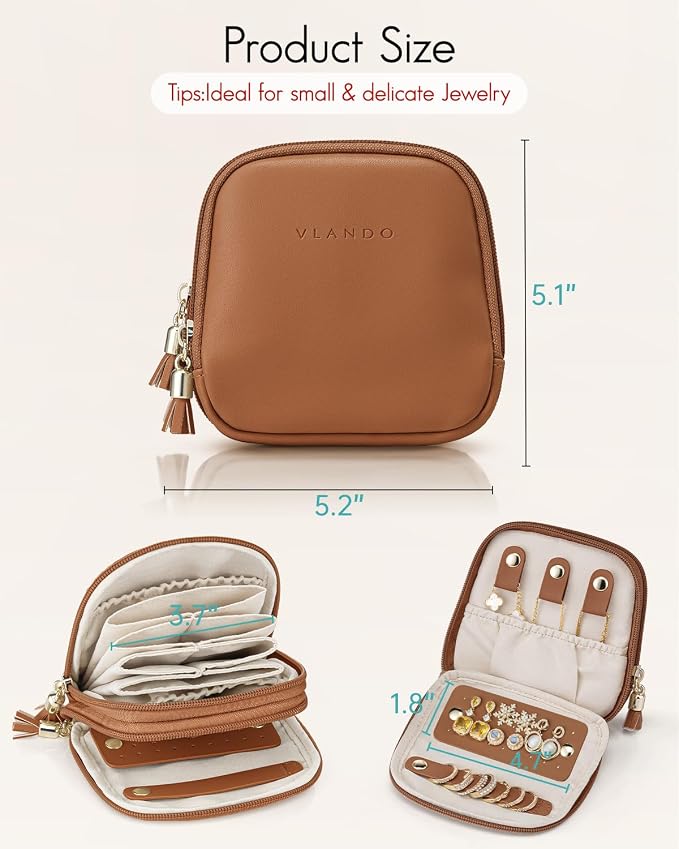 VLANDO 2-Layer Jewelry Travel Organizer for Necklaces,Rings,Earrings | Multi-Compartment Faux Leather Pouch with Velvet Lining Designed for Business Trips,Vacations,Daily Carry,Brown