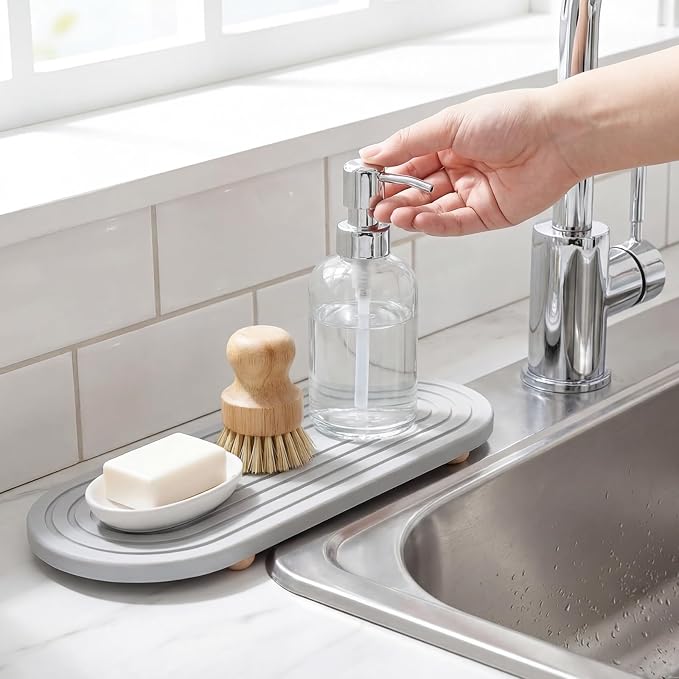 Instant Dry Stone Sink Tray, 11.8x3.9 Water Absorbing Diatomite Stone Tray for Sink with Wooden Feet, Sink Caddy Stone, Kitchen Sink Organizer (Light Grey)