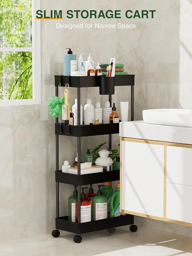 LEHOM Slim Rolling Storage Cart - 4 Tiers Bathroom Organizer Utility Cart | Slide Out Storage Shelves Mobile Shelving Unit for Kitchen, Bedroom, Office, Laundry Room, Small Narrow Spaces (7.1" W+Black)