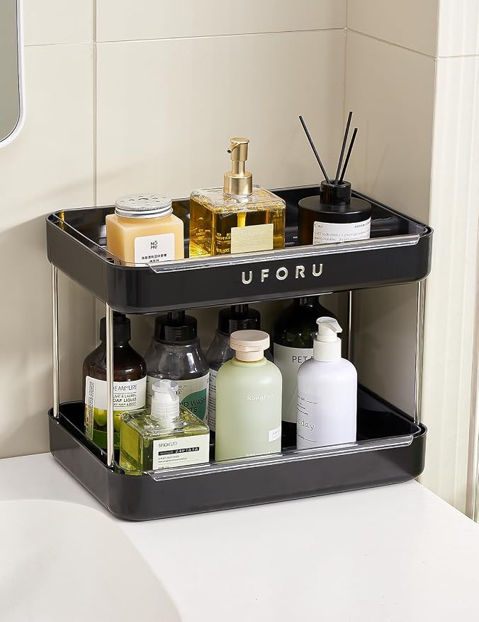 UFORU Countertop Coffee Station Organizer,Cup Rack,Mug & Wine Glass Holder | 2-Tier Black Mug Shelf with Removable Drain Tray,Bathroom Countertop Organizer,Spice Rack for Kitchen