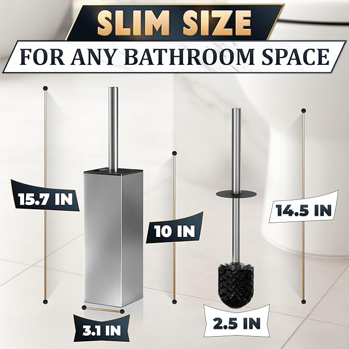 Silver Toilet Brush and Holder Set Stainless Steel – Square Design Toilet Bowl Brush and Holder, Rust, Corrosion & Scratch Resistant with Splash Protection, for Efficient Cleaning and Neat Storage