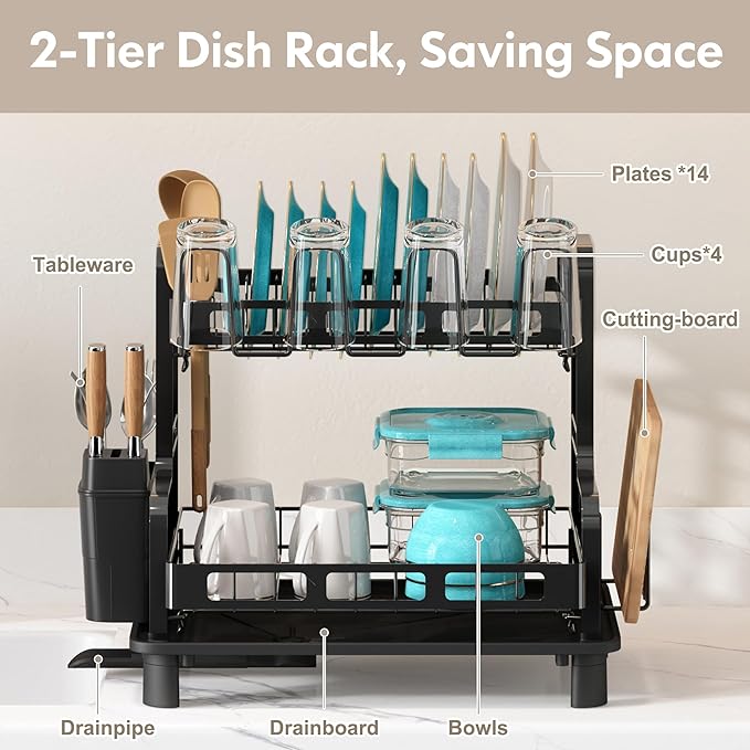 BOOSINY 2 Tier Dish Drying Racks for Kitchen Counter with Utensil Holder | Space Saving Black Stainless Steel Dish Drainer with Drainboard & Cups Holder for Small Space, Rust Proof, Auto Drain