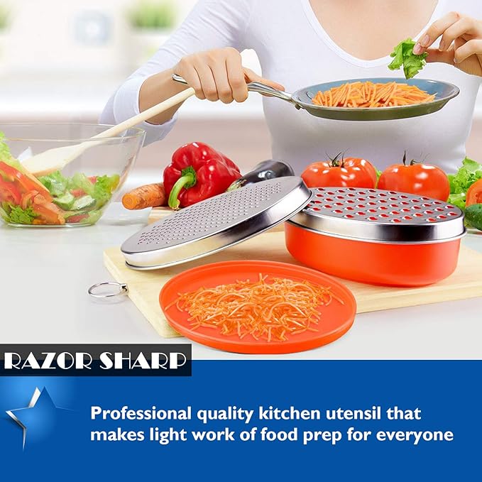 Cheese Grater Citrus Lemon Zester with Food Storage Container & Lid - Perfect For Hard Parmesan Or Soft Cheddar Cheeses, Ginger, Vegetables, Butter, Chocolate & Nutmeg (Red)