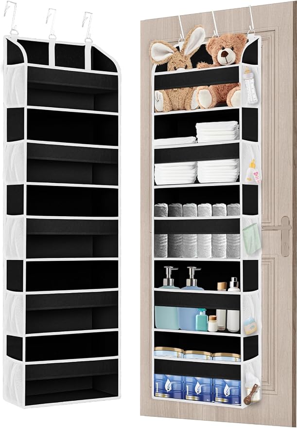 TAHAVICE 2 Pack Over the Door Storage Organizer, 5 Large & 10 Mesh Pockets | Hanging Storage Organizer with 40lb Capacity and Door Storage Space Saving for Bedroom,Bathroom,Nursery,Babyroom(Black)